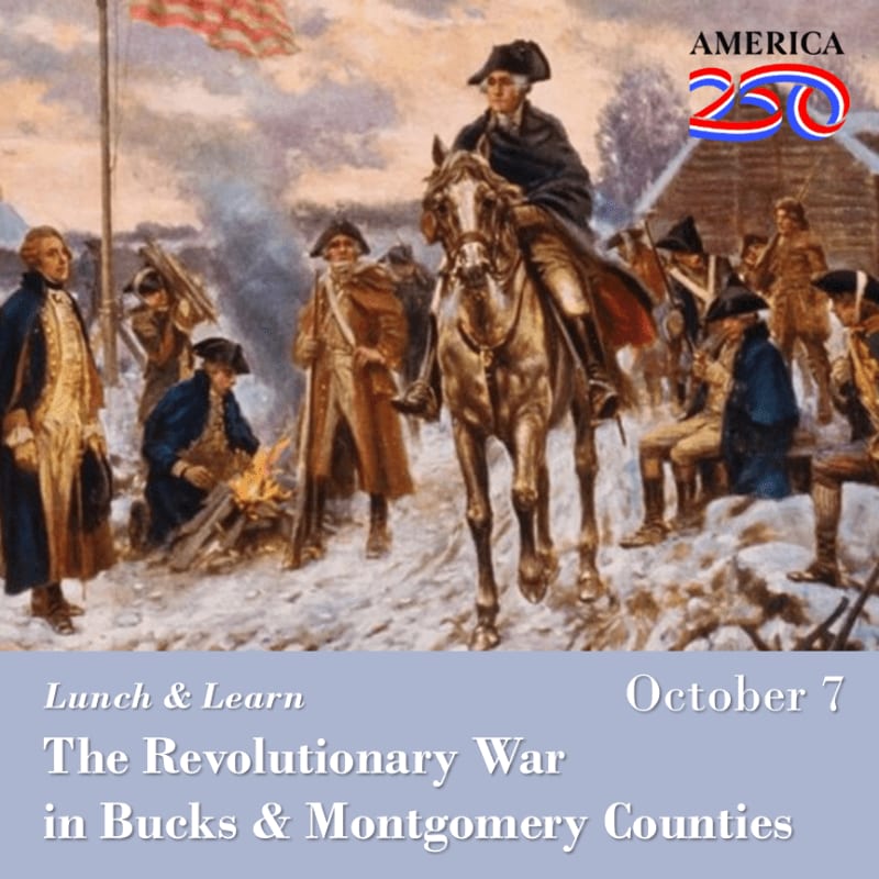 A painting of George Washington on horseback leads a group of soldiers through a snowy landscape, with text overlaying the bottom announcing a "Lunch & Learn" event about the Revolutionary War.