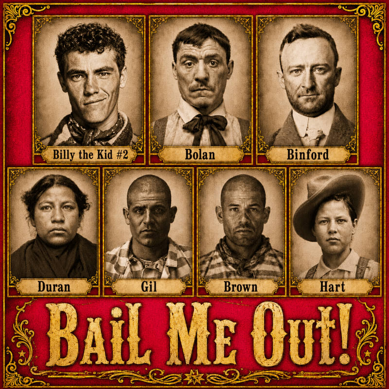 Seven mugshots of men and one woman are displayed in a grid against a red, ornate background with the words "BAIL ME OUT!" prominently featured at the bottom.