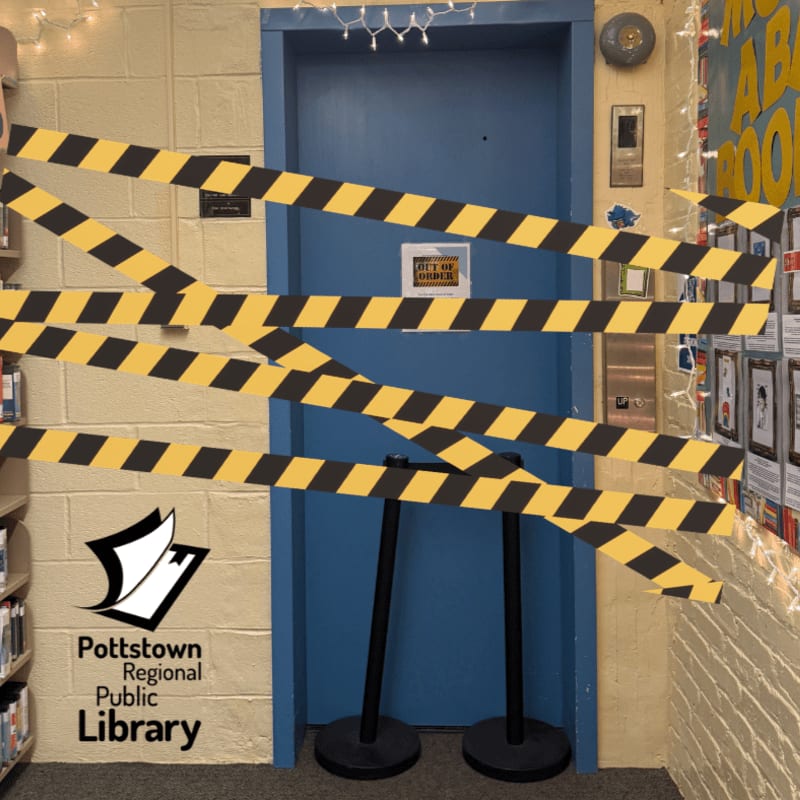Yellow and black caution tape stretches across a blue door in the foreground, with bookshelves and library signage visible in the background.