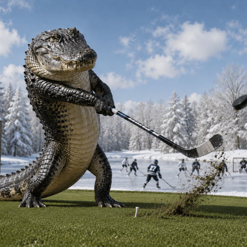 A large alligator swings a hockey stick on a grassy tee box, sending dirt flying, while a hockey game unfolds on a frozen pond in the snowy background.