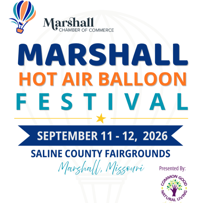 A hot air balloon graphic floats above the text "Marshall Hot Air Balloon Festival" with event details and logos in the background.