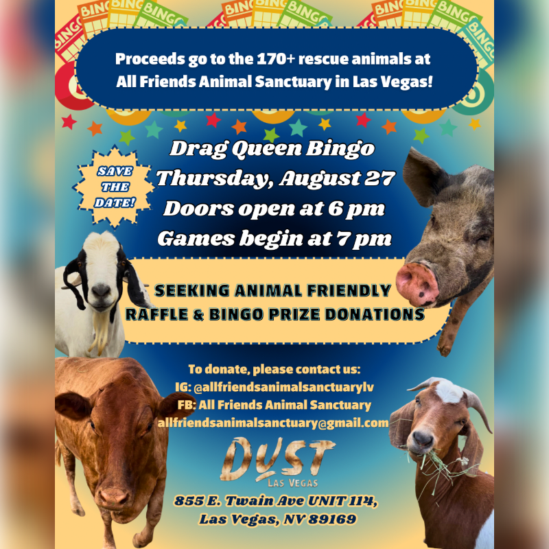 A flyer for a Drag Queen Bingo event to benefit All Friends Animal Sanctuary features close-ups of a goat, a cow, and a pig in the foreground against a colorful, bingo-themed background.