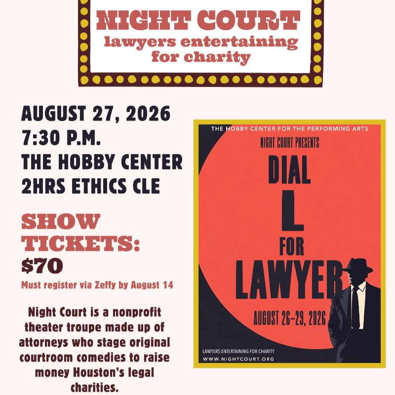 A flyer advertises "Night Court: lawyers entertaining for charity" with event details on the left and a poster for "Dial L for Lawyer" on the right, set against a light yellow background.