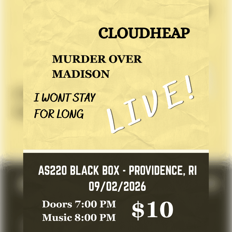 A yellow, textured background with white text lists band names and event details, while a blurred dark background at the bottom displays venue information and ticket price.