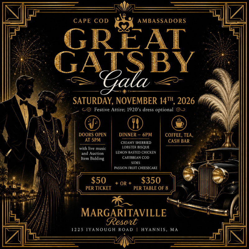 A silhouetted couple in 1920s attire stands in the foreground against a backdrop of fireworks, a vintage car, and event details for the Great Gatsby Gala.