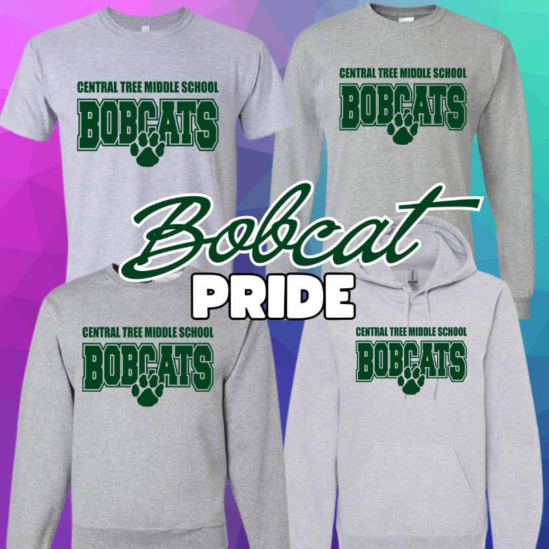 Four grey school spirit shirts, featuring "Central Tree Middle School Bobcats" and a paw print, are arranged on a colorful, abstract background with the words "Bobcat Pride" overlaid.