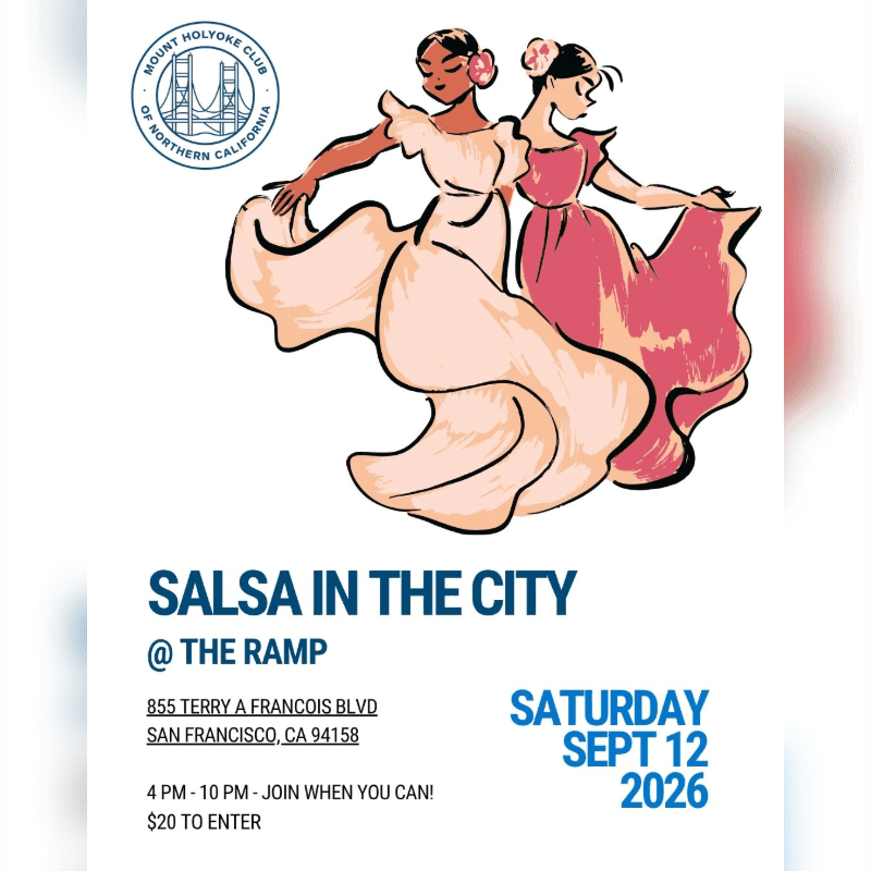 Two women in flowing dresses dance in the foreground, with event details for "Salsa in the City" at The Ramp in San Francisco in the background.