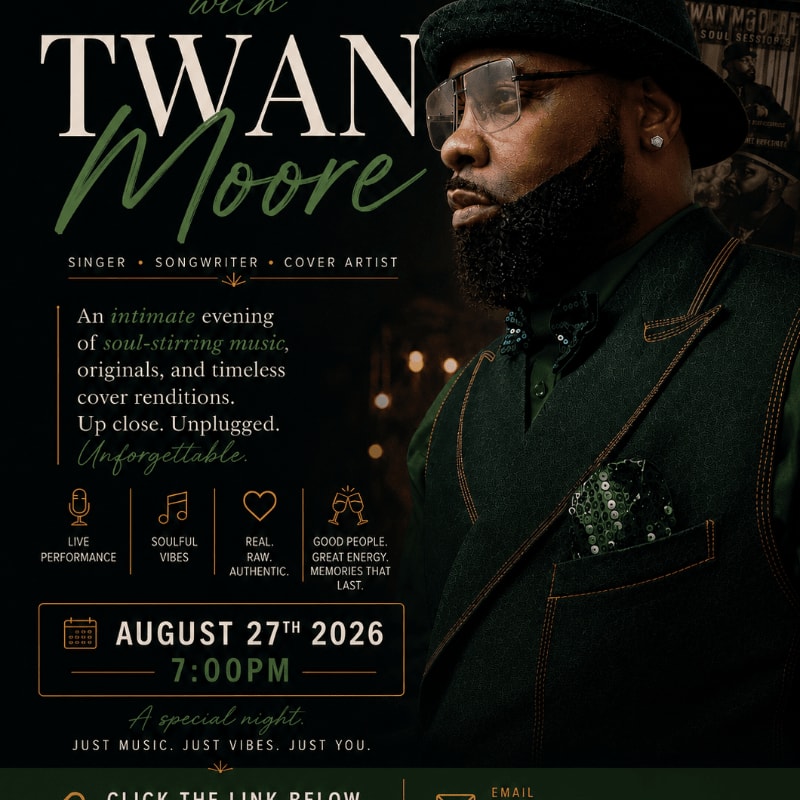 A man in a hat and vest is featured in the foreground with event details for Twan Moore's performance in the background.