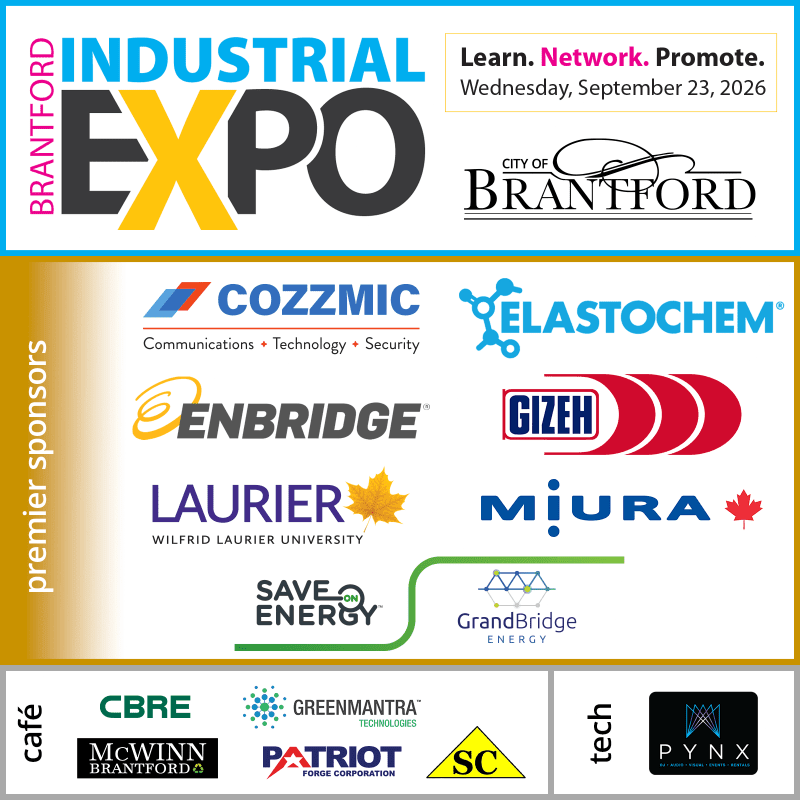 The foreground displays logos of various sponsors and event details for the Brantford Industrial Expo, while the background features the event title and city branding.