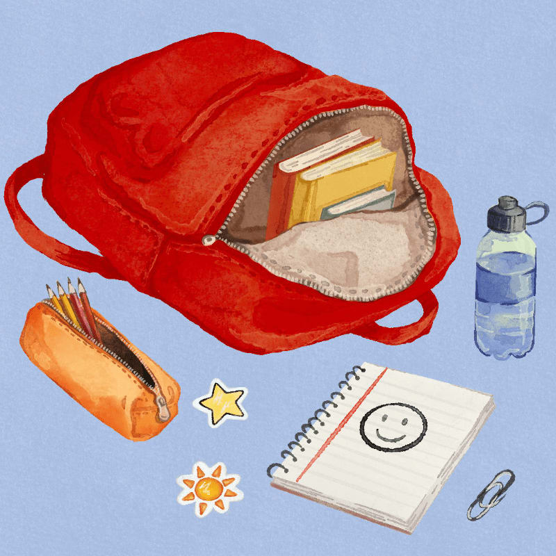 A red backpack filled with books sits on a blue background next to a pencil case, a water bottle, a notebook with a smiley face, and some stickers.