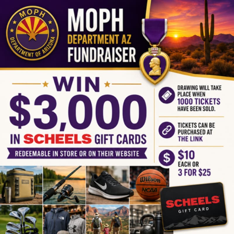 A collage of outdoor and sporting goods, including a Yeti cooler, fishing gear, golf clubs, athletic wear, a basketball, and a Scheels gift card, is presented against a background advertising a $3,000 gift card giveaway to support combat-wounded veterans.