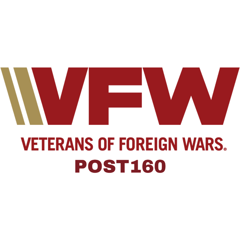 A maroon VFW logo with gold stripes on the left is in the foreground, with "VETERANS OF FOREIGN WARS. POST160" written below it on a white background.