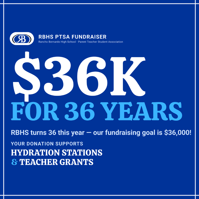 A blue background features large white text announcing "$36K FOR 36 YEARS" with smaller text detailing a PTSA fundraiser for hydration stations and teacher grants.