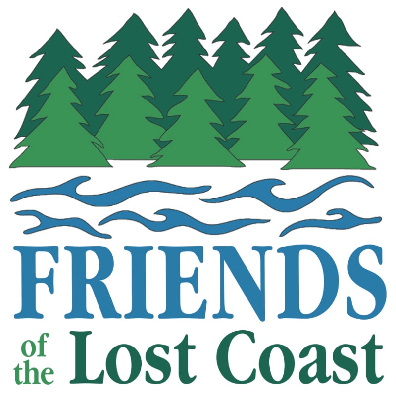 A row of green pine trees stands above blue wavy lines, with the words "FRIENDS of the Lost Coast" in blue and green text below.
