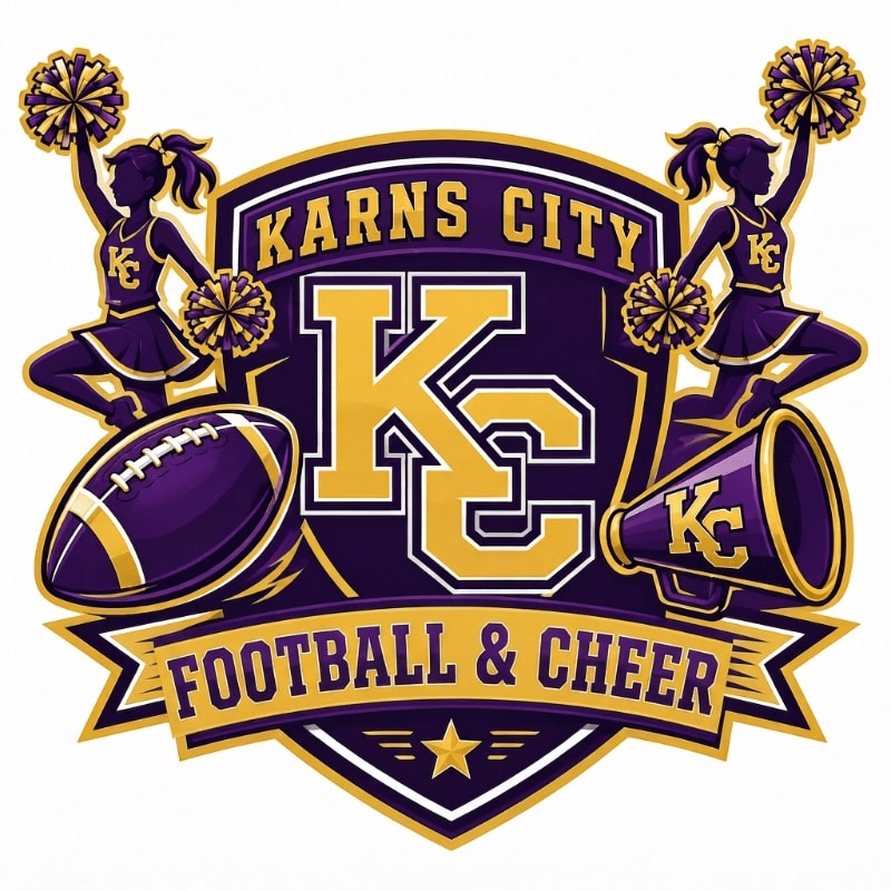 Two cheerleaders in silhouette, a football, and a megaphone are in the foreground, surrounding a shield with "KARNS CITY KC FOOTBALL & CHEER" written on it, all against a white background.