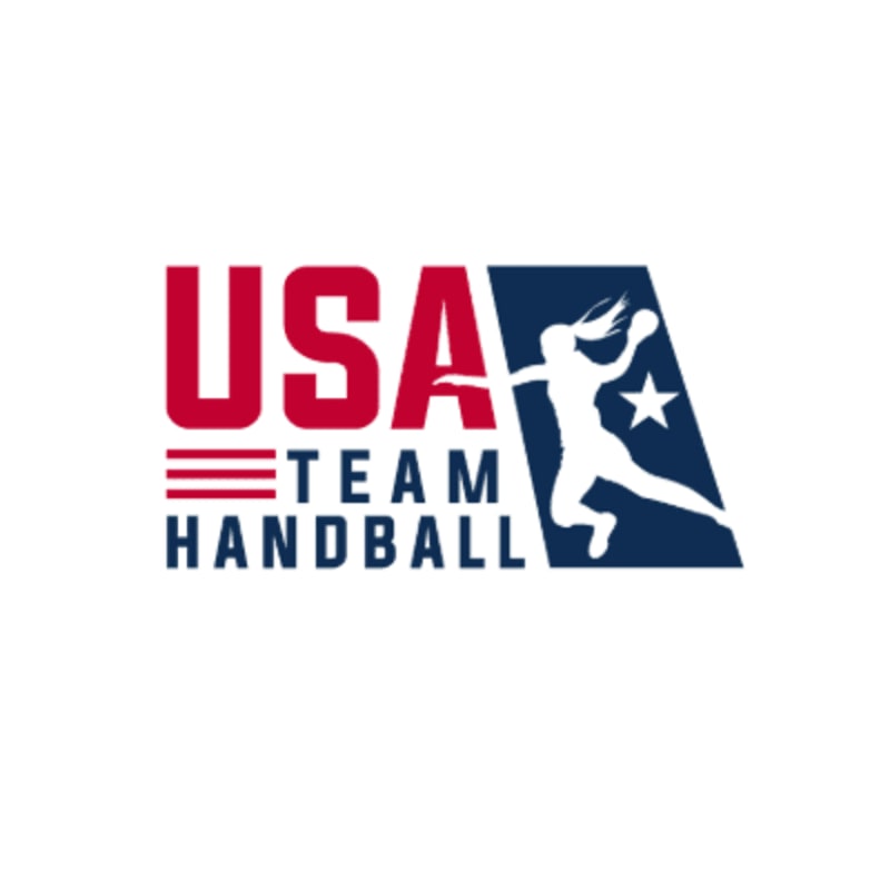 A white silhouette of a female handball player in mid-throw is positioned to the right of the red and blue "USA TEAM HANDBALL" text, set against a white background.