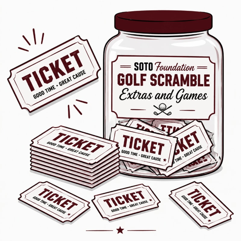 A jar filled with raffle tickets for a golf scramble sits next to a stack of tickets and scattered individual tickets on a white background.