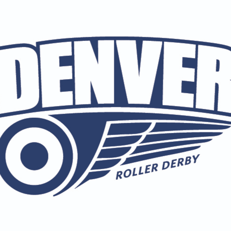 White text with a blue wing and circle logo for "DENVER ROLLER DERBY" is set against a white background.