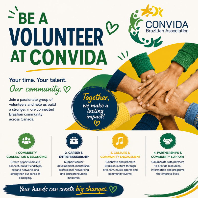 In the foreground, four distinct sections detail volunteer opportunities, while the background features a close-up of hands clasped together and the CONVIDA Brazilian Association logo.
