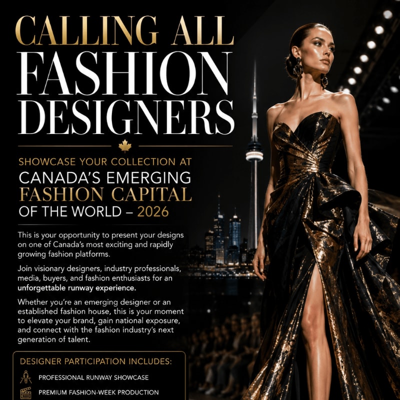 A model in a shimmering gold gown walks a runway with a cityscape in the background, advertising an event for fashion designers.