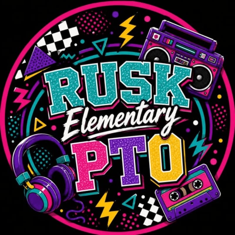Retro headphones and a boombox sit in the foreground against a vibrant, 80s-themed background with "RUSK Elementary PTO" emblazoned in bold lettering.
