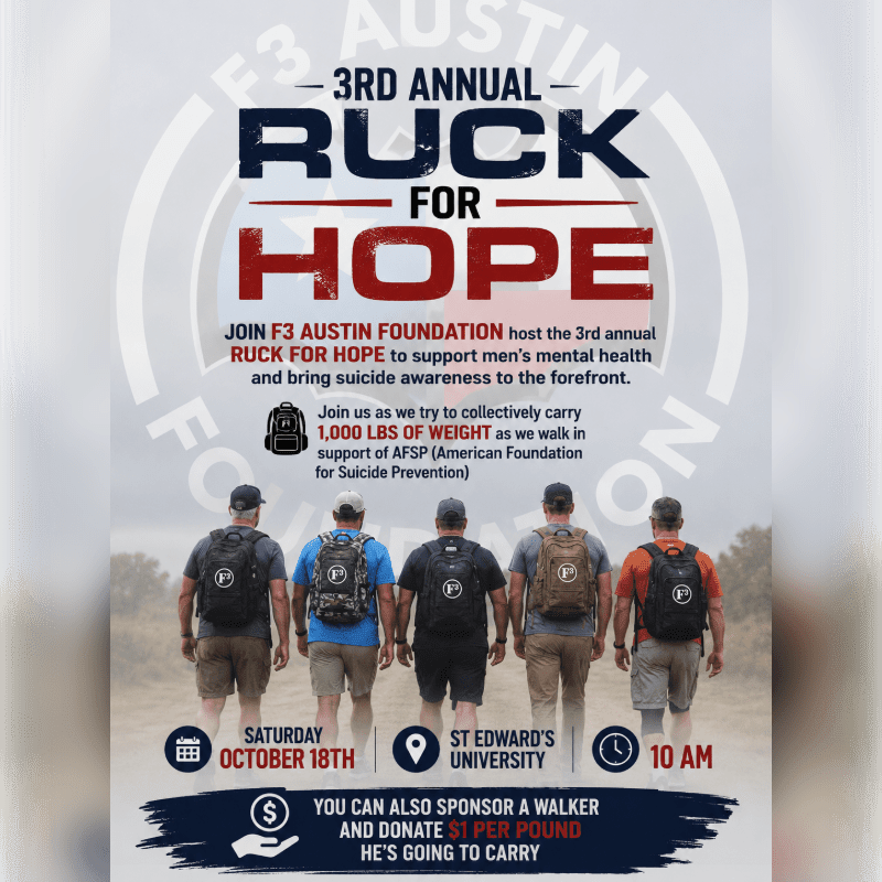Five men walk away from the camera on a dirt path in the foreground, while the background features text promoting the "3rd Annual Ruck for Hope" event.