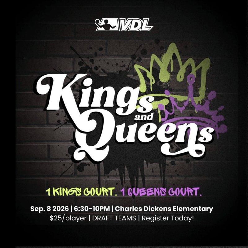 Graffiti-style crowns and the words "Kings and Queens" are emblazoned on a brick wall background, with event details listed below.