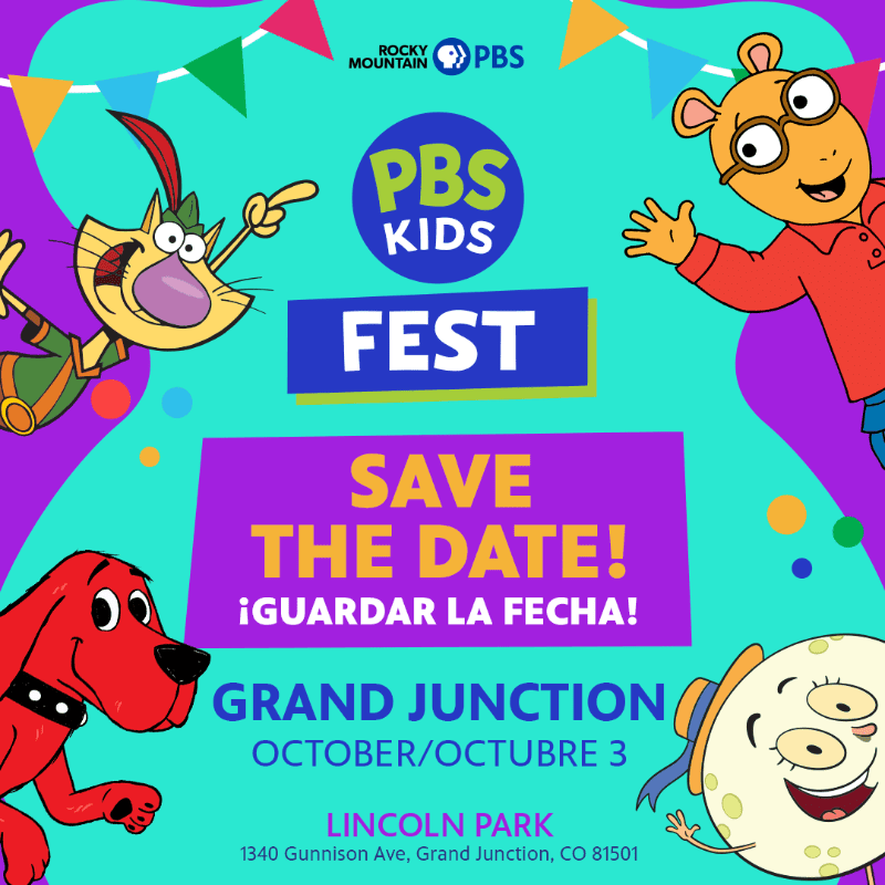 Cartoon characters like Clifford the Big Red Dog and Arthur are featured in the foreground of a colorful "PBS Kids Fest" announcement with event details in the background.
