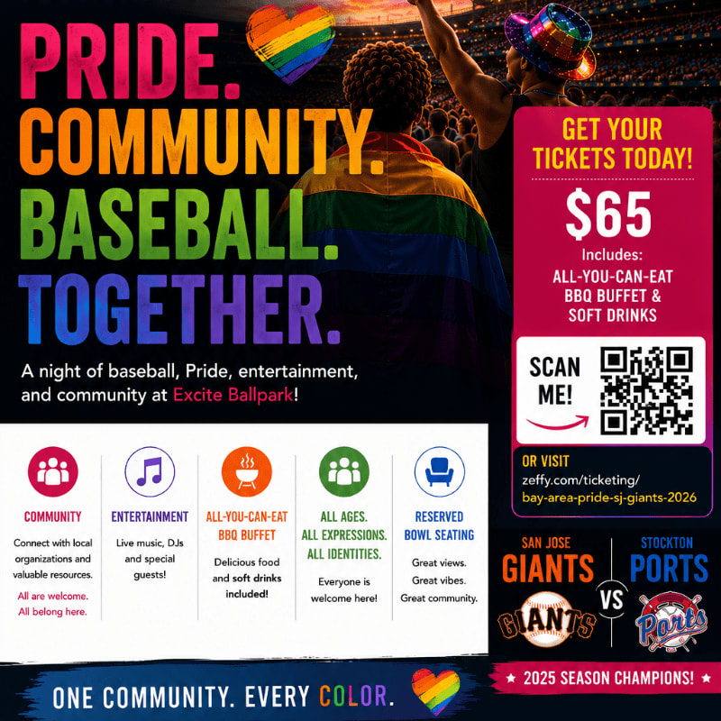 In the foreground, a colorful advertisement for a Pride baseball event is displayed, while the background shows a blurred image of a baseball stadium filled with spectators.