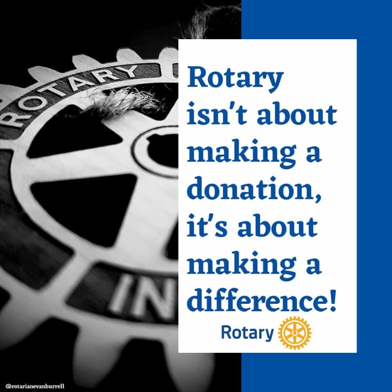 A close-up of a Rotary gear in the foreground is juxtaposed with a white rectangle containing a quote about making a difference in the background.