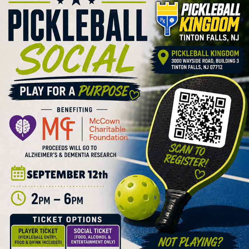 A pickleball paddle and ball are in the foreground, with a flyer for a "Pickleball Social" event benefiting Alzheimer's and Dementia Research in the background.