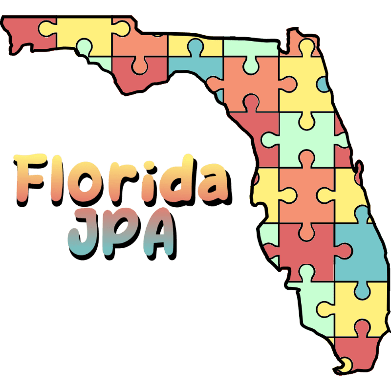 A colorful puzzle-piece outline of Florida with "Florida JPA" written in a gradient font in the foreground against a white background.