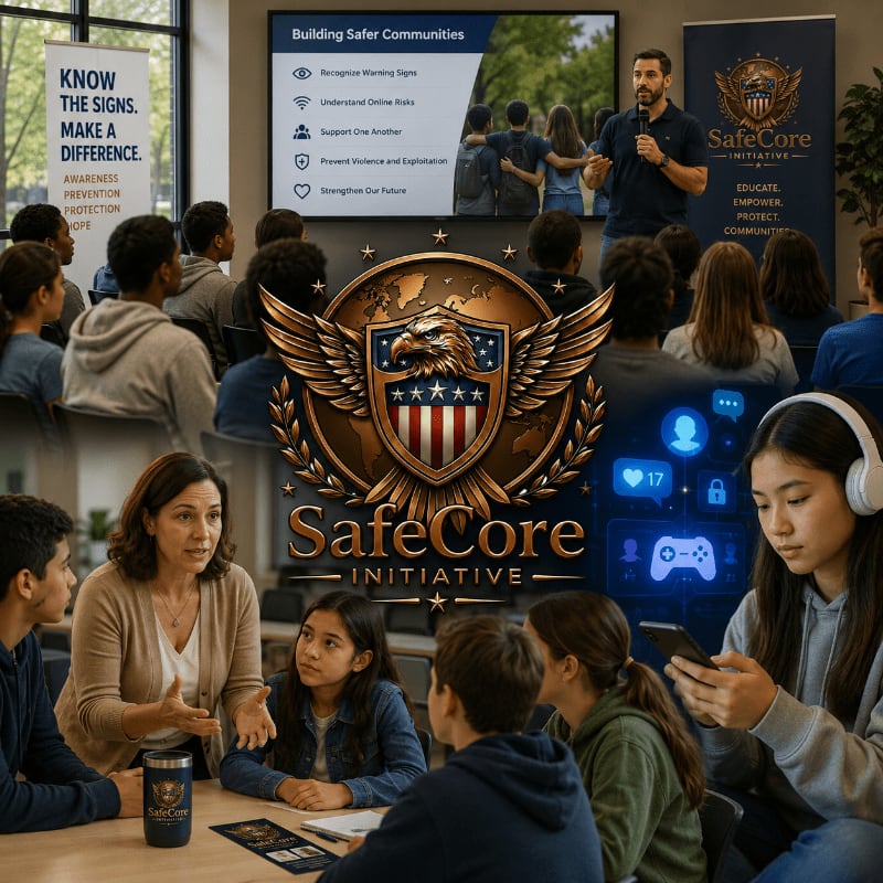 A group of students listen to a presentation in a classroom with a SafeCore Initiative logo prominently displayed, while in the foreground, a woman leads a discussion with younger students.