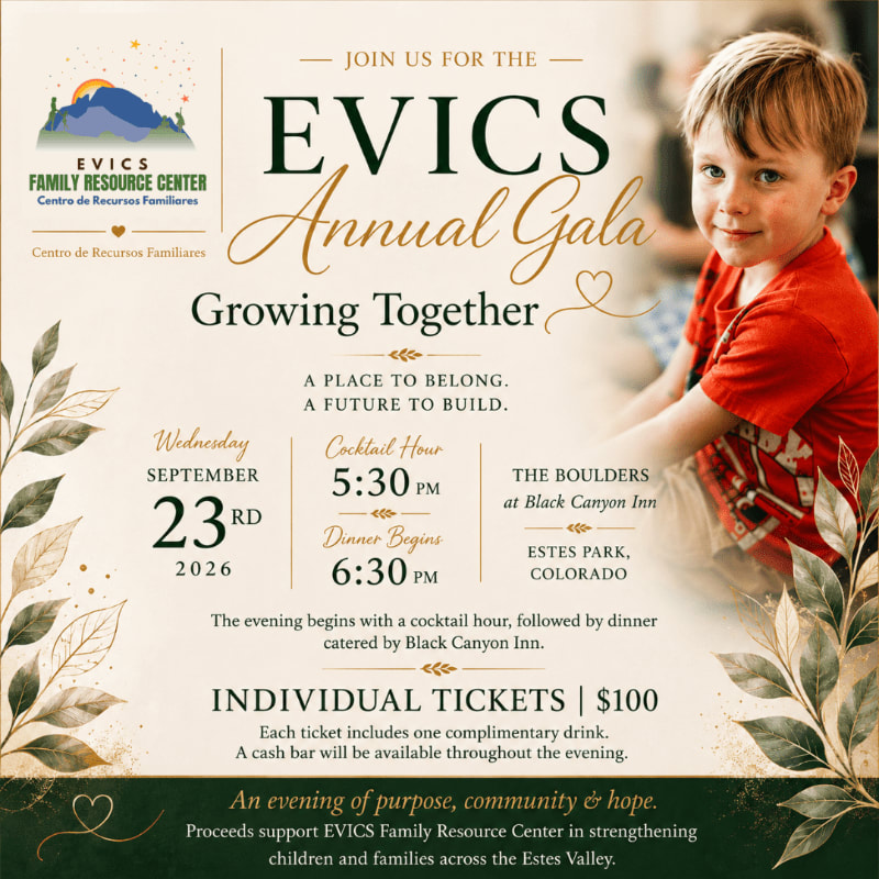 A young boy smiles in the background of an invitation for the EVICS Annual Gala, which features floral accents in the foreground.