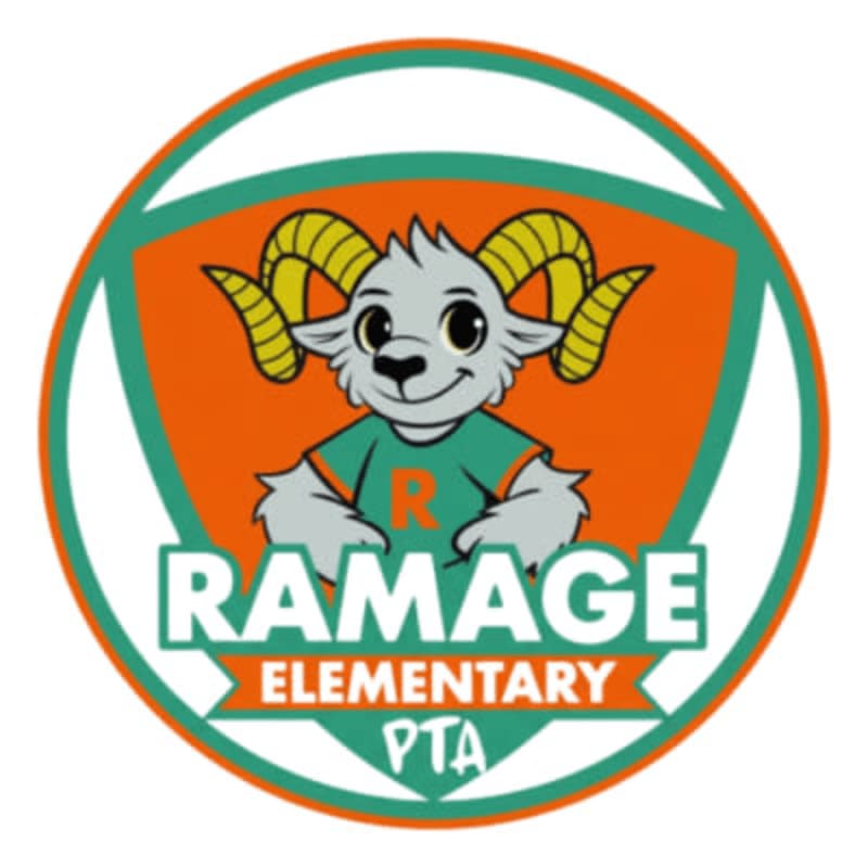 A cartoon ram wearing a green shirt with an orange "R" is centered in a circular logo with "RAMAGE ELEMENTARY PTA" written below it.