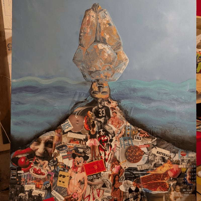 A collage of pop culture images forms a mountain shape in the foreground, topped by a figure balancing a large rock against a painted sky and sea in the background.