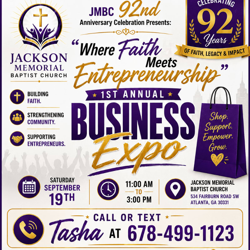 A purple and gold flyer advertises the Jackson Memorial Baptist Church's 92nd Anniversary Celebration and 1st Annual Business Expo, featuring event details and contact information.
