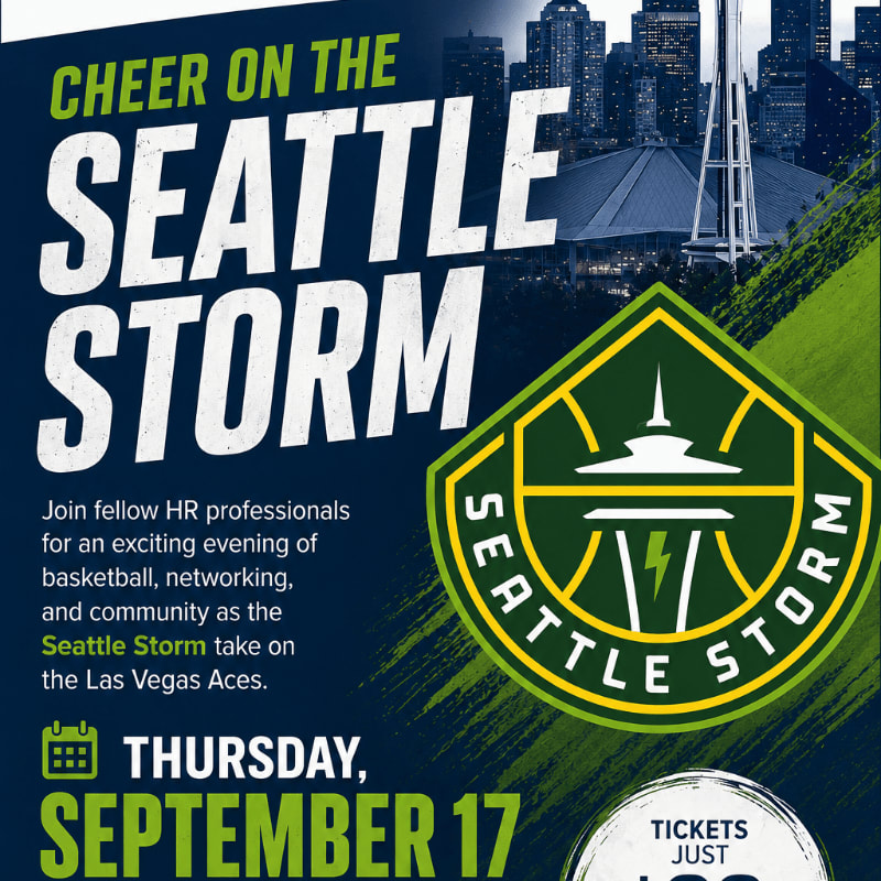 Large text announces "SEATTLE STORM" in the foreground, with a graphic of the Seattle skyline and Space Needle in the background.