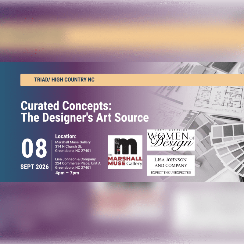 A dark blue banner with event details like "Curated Concepts: The Designer's Art Source" and logos is overlaid on a blurred background of design sketches and color swatches.