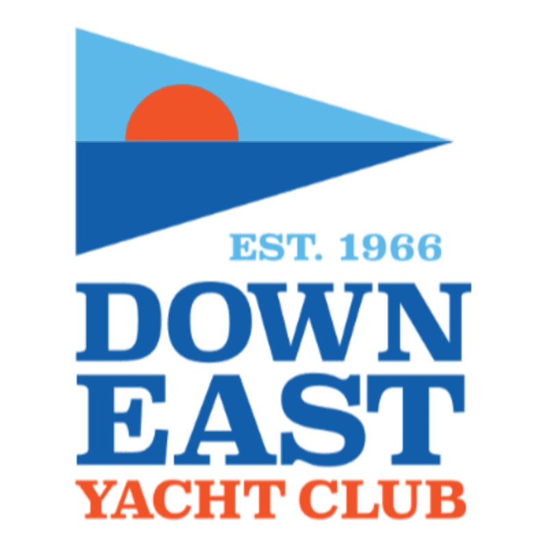 A stylized flag with a sun over water is in the background, while "EST. 1966 DOWN EAST YACHT CLUB" is in the foreground.