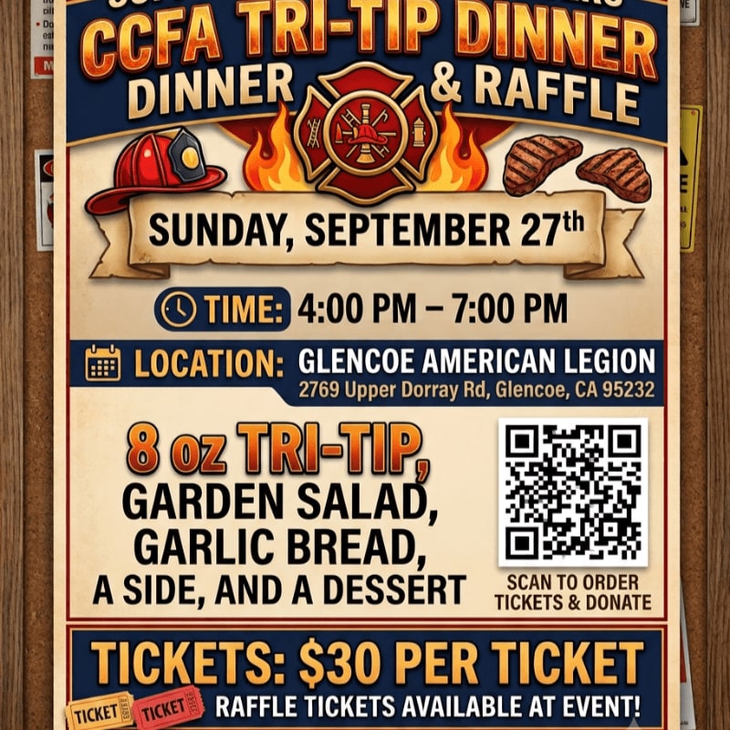 A flyer for a CCFA Tri-Tip Dinner and Raffle on Sunday, September 27th, is displayed against a corkboard background.
