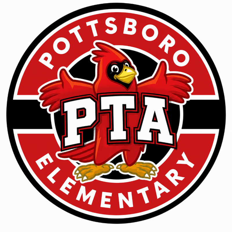 A cartoon cardinal with outstretched wings and the letters "PTA" on its chest is centered within a circular logo that reads "POTTSBORO ELEMENTARY" in red and white lettering against a black and red background.