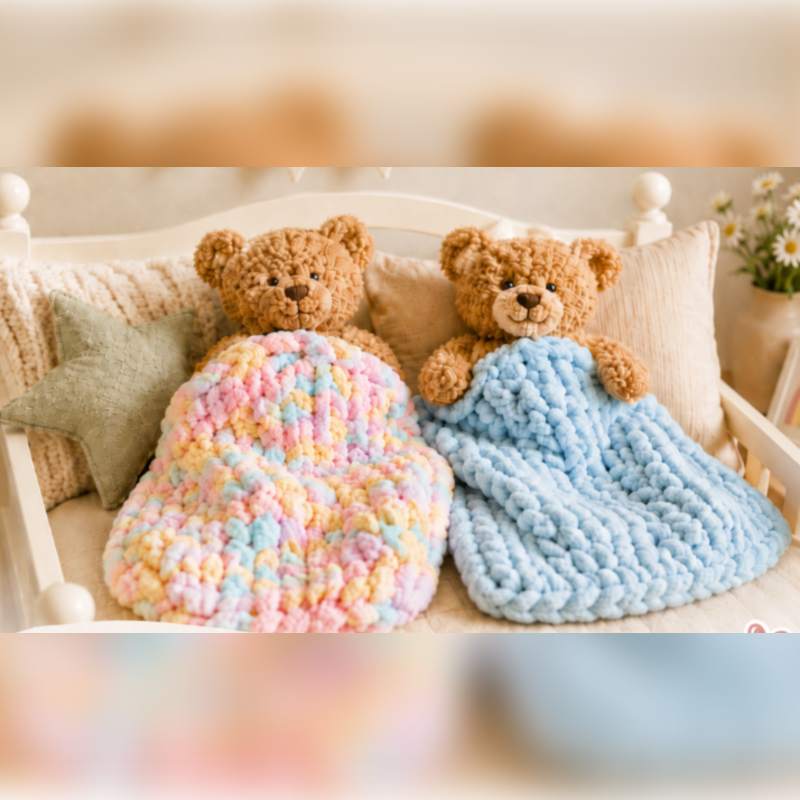 Two teddy bears are nestled under colorful blankets on a bed, with pillows and a vase of flowers in the background.