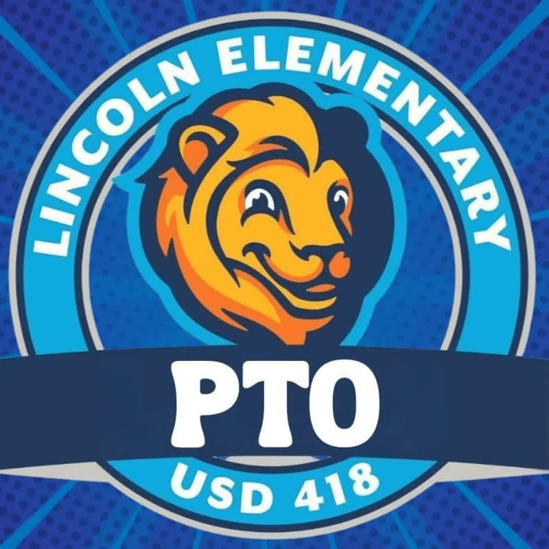 A cartoon lion mascot with a blue circular background and "LINCOLN ELEMENTARY PTO USD 418" text in the foreground.