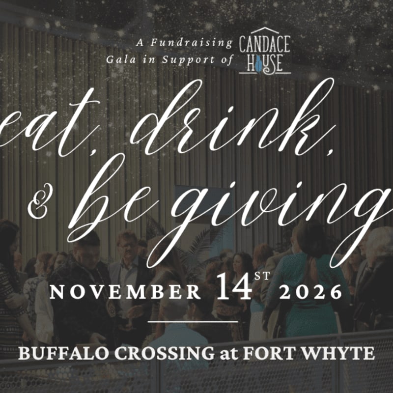 Elegant script announces a fundraising gala for Candace House on November 14, 2026, at Buffalo Crossing at Fort Whyte, with a blurred crowd in the background.