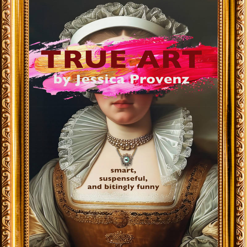 A framed portrait of a woman in historical attire is overlaid with bold, colorful brushstrokes and text, with a dark, indistinct background.