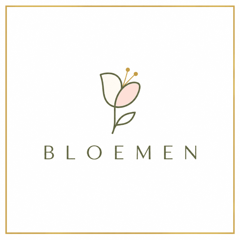 A minimalist line drawing of a pink and white tulip with the word "BLOEMEN" below it is centered on a white background within a thin gold border.