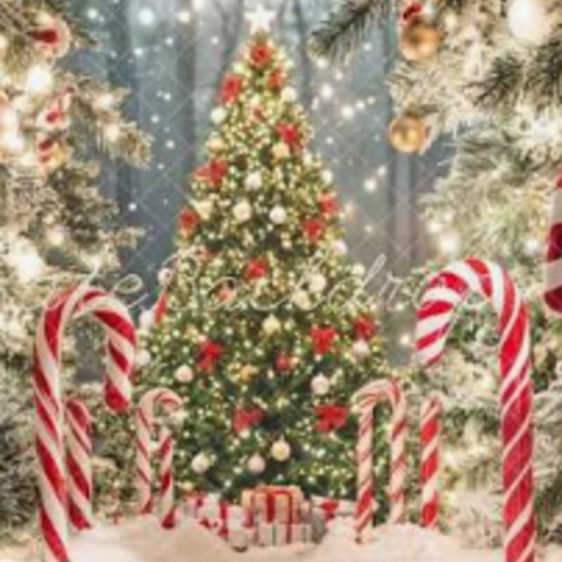 Candy canes and wrapped presents surround a brightly lit Christmas tree in a snowy forest setting with bokeh lights.
