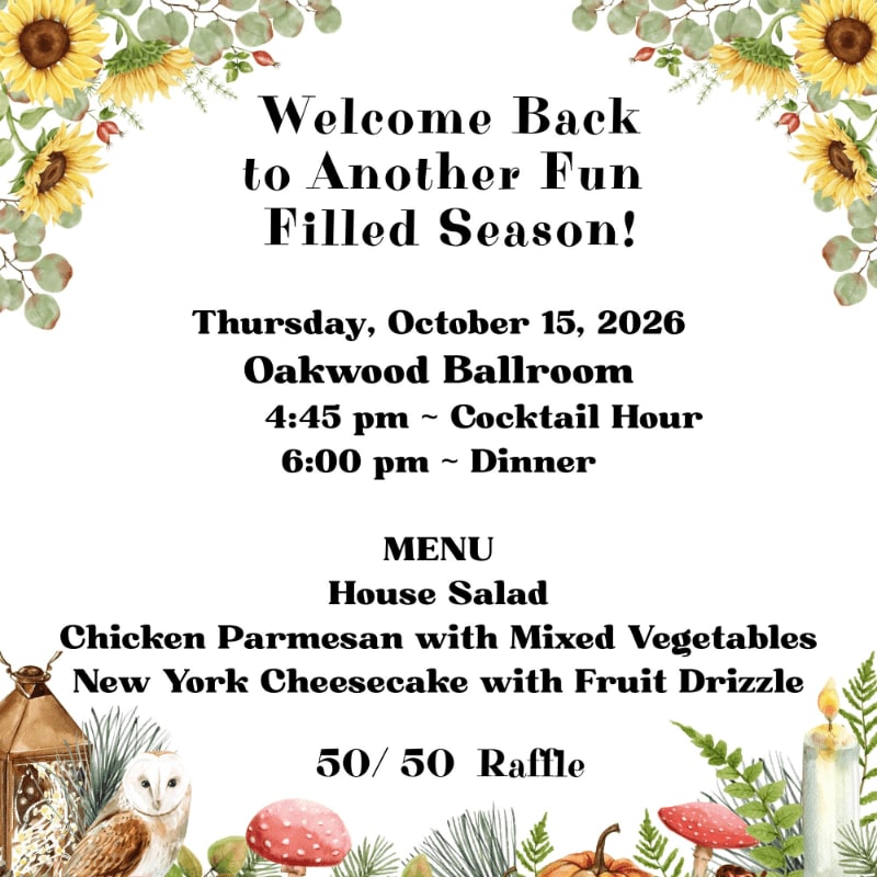 A festive invitation with sunflowers and eucalyptus in the background announces a "Fun Filled Season" event with dinner details and a menu, while the foreground features a lantern, owl, mushrooms, and a candle.