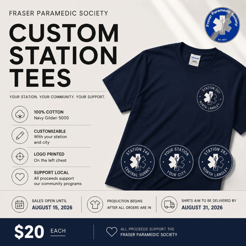 A navy blue t-shirt with customizable station logos is displayed in the foreground against a background of promotional text for the Fraser Paramedic Society's custom station tees.
